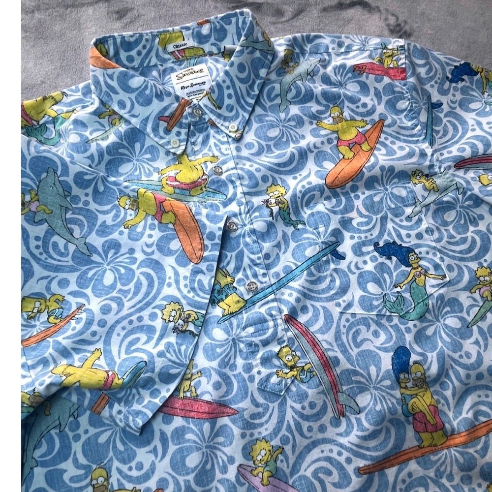 Reyn Spooner The Simpsons Hawaiian Shirt Mens XL Blue Surfing Aloha Pullover